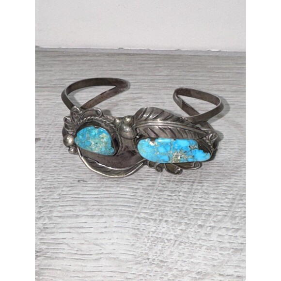Source Unknown Jewelry - Vintage Navajo Old Pawn Turquoise Leaf Sterling Silver Bracelet